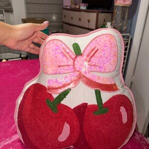 Pink and Red Bow and Cherry Decorative Pillow